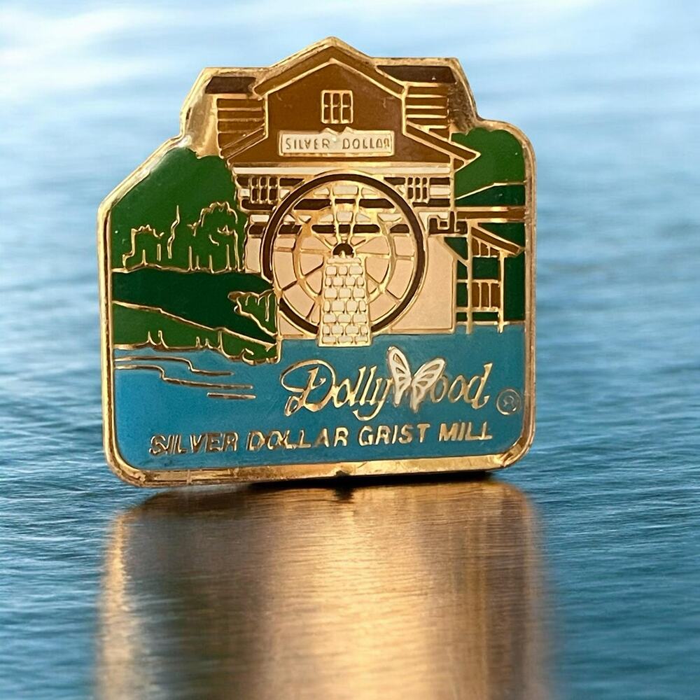 Vtg. Dollywood Silver Dollar Grist Mill Magnet Enamel Refrigerator Souvenir